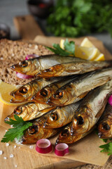 Concept of tasty food - delicious smoked fish