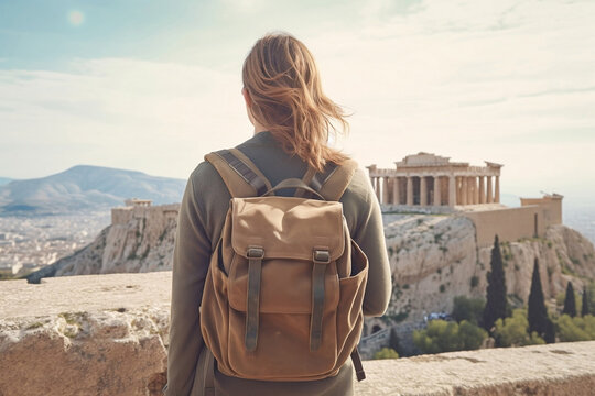 Young traveller tour woman backpack journey looking at Acropol. Generative AI