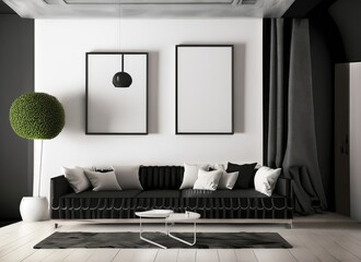 Interior living studio gray scandinavian, with black sofa. Created with Ai