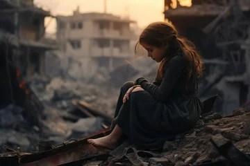 Zelfklevend Fotobehang a little girl among the destroyed city sits on the ruins sad © Aksana
