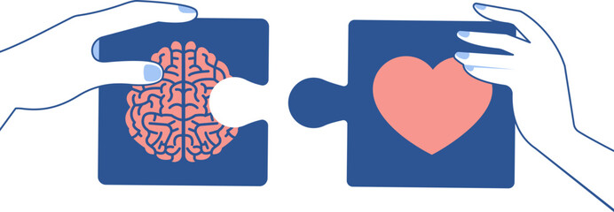 Man and woman hands hold heart and brain puzzle. Different gender mentality concept. Mental diversity and balance. Compete each other and family union symbol. Physical and psychological health.