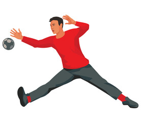 Asian professional handball goalkeeper in a red sports uniform jumps in the splits and catches the ball