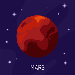 Vector illustration of the planet Mars in space. A planet on a dark background with stars.