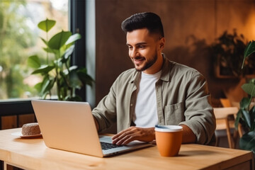 Happy young businessman sitting with his laptop on carpet. Young attractive male business person working at home with computer.