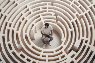 Man stuck in the middle of maze. Confused male blocked in round labyrinth. Generate ai - obrazy, fototapety, plakaty