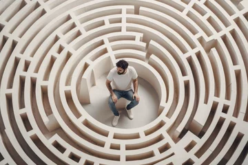 Fotobehang Man stuck in the middle of maze. Confused male blocked in round labyrinth. Generate ai © nsit0108