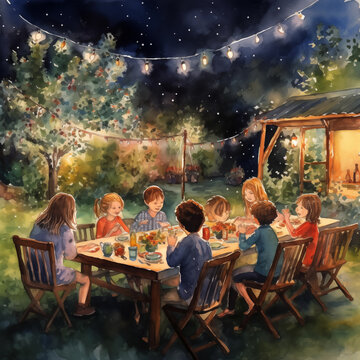Watercolor of Family celebration , Happy New year family have a dinner time in the garden.