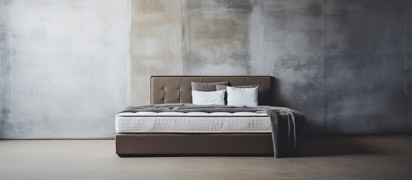 A mattress of gray color positioned by the wall in the room