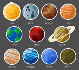 space stickers with the image of planets, sun, moon, earth. Vector illustration with a contour for stickers. - obrazy, fototapety, plakaty