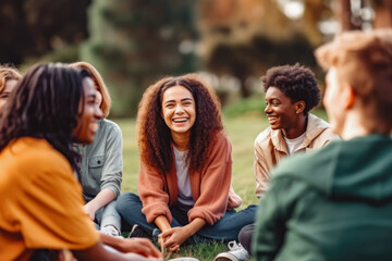 Student friendship concept with multiracial classmates laughing together while talking. Group of multi racial young people chatting and laughing. - obrazy, fototapety, plakaty