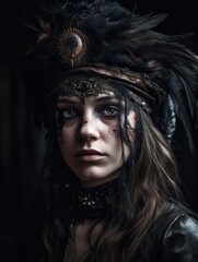 Portrait of woman with bird feather jewellery in dark tone