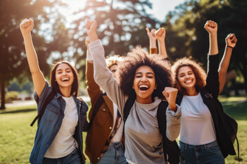 Student friendship concept with multiracial classmates laughing together while talking. Group of multi racial young people chatting and laughing.