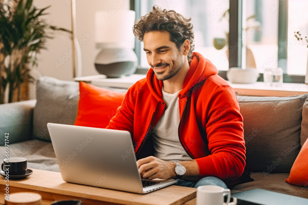 Wall mural Young handsome freelancer man working from home wearing a red sweater. Young freelance entrepreneur working on his computer sitting on sofa.