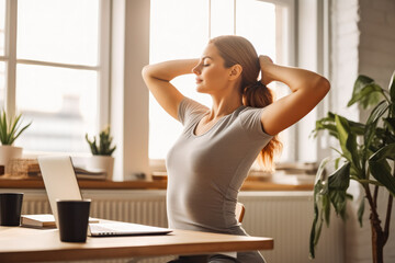 Young adult woman sitting in home office at a table, stretching. Happy satisfied woman working from home in her home office, stretching.