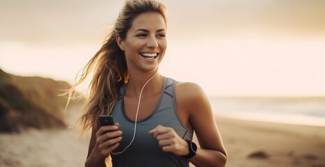Beach Fitness: Joyful Woman Preparing for a Workout with Phone. Generative ai