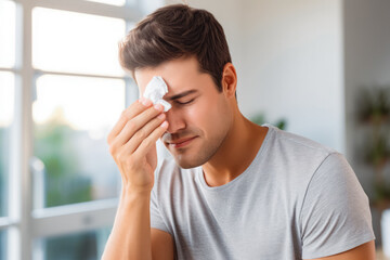 Young man applying eye lubricant to treat dry eye or allergy. Handsome young male using eye drops fro dry eyes.