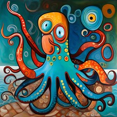 a painting of a colorful abstract cartoon octopus 