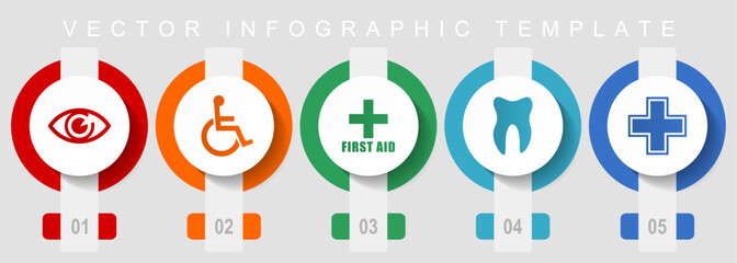 Hospital flat design icon set, miscellaneous icons such as eye, wheelchair, first aid, dentist and cross, vector infographic template, web buttons collection