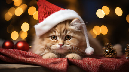 Cute kitten wearing a Santa hat. Christmas background. Happy cat in a Christmas outfit.