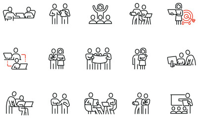 Vector set of linear icons related to human resource management, relationship, business leadership, teamwork, cooperation and personal development. Infographics design elements - part 10