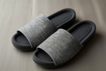 Fototapeta na wymiar Pair of grey slippers on floor. Cozy foot clean man texture. Generate Ai