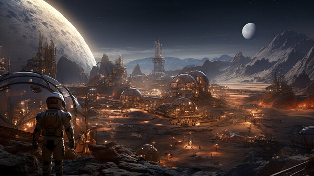 A colony of humans on Mars, living in advanced habitats and working in a high-tech environment.