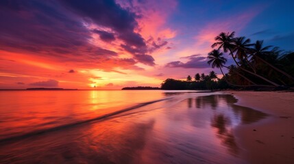 Fototapeta na wymiar A breathtaking summer evening scene with a striking sunset over a tropical beach on Koh Mak Island, Trat, Thailand, highlighting the picturesque sea and island views