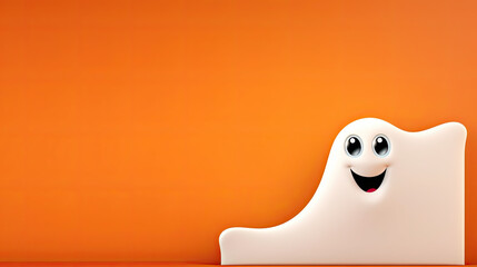 Floating Ghost Against Orange Backdrop: Embodying Halloween fun and spooky vibes | Isolated with empty space for copy.