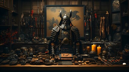Fototapeta na wymiar Suit Armor of Samurai display on the table with japanese background