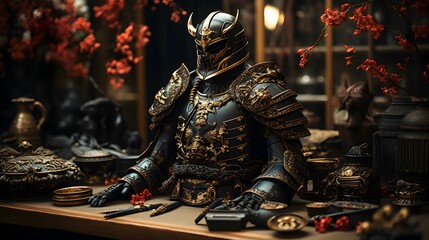 Fototapeta premium Suit Armor of Samurai display on the table with japanese background