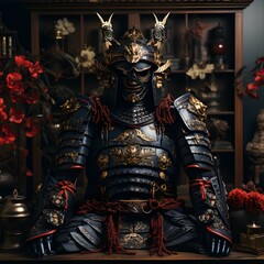 Suit Armor of Samurai display on the table with japanese background