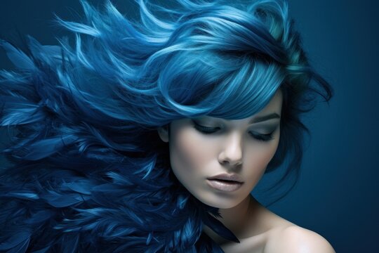 fashion blue nova trendy color. portrait of a model girl with blue hair