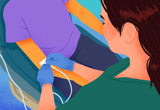 Nurse attaching IV line, illustration