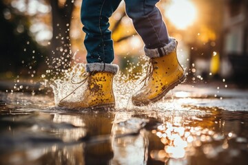 The legs of a child in yellow rubber boots jump through puddles against the backdrop of a blurred street. Generated by artificial intelligence