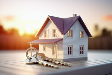 Close up of keys and 3D model house with keychain in background of bright lighting.  Real estate concept of security and purchase. - obrazy, fototapety, plakaty