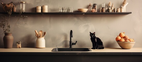Black cat near open shelves large sink and antique copper pots in home kitchen