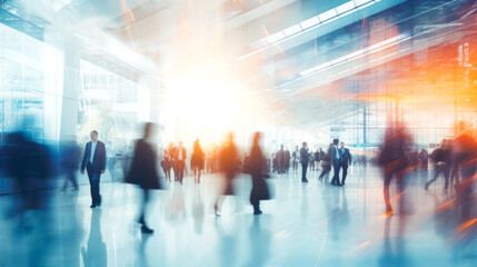 Image of people in the lobby of a modern business center with a blurred background. AI Generated