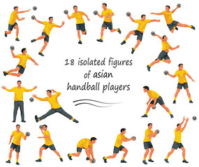 Fototapeta na wymiar 18 figures of Asian handball players and goalkeepers in yellow sports t-shirts jumping, running, catching the ball, standing