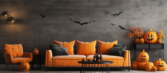 a Halloween party with an orange sofa and mockup poster frame in the living room