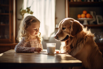 Beautiful little girl is posing with a golden retriever dog at the kitchen table. Cute baby and her...