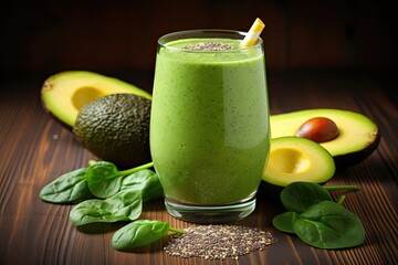 Healthy green smoothie with avocado, spinach and chia seeds, Healthy green smoothie with chia seeds, spinach and apple on a light background, AI Generated