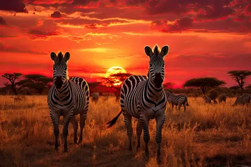 Papier Peint photo Lavable Rouge violet Zebras in the savannah at sunset, Namibia, Africa, Herd of zebras in the savannah at sunset, AI Generated