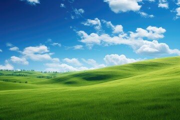 Green field and blue sky with clouds. Nature composition. 3d render, Hilly green landscape view...