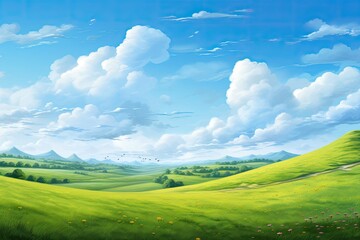 Green meadow with flowers and blue sky with white clouds, illustration, Hilly green landscape view with green grass and beautiful sky, AI Generated