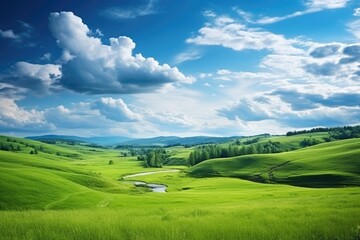 Beautiful summer landscape with green meadow and blue sky with clouds, Hilly green landscape view with green grass and beautiful sky, AI Generated