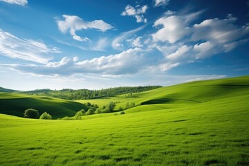 beautiful spring landscape with green field and blue sky. Nature composition, Hilly green landscape view with green grass and beautiful sky, AI Generated