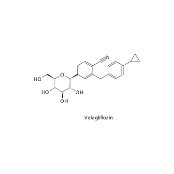 Velagliflozin flat skeletal molecular structure SGLT2 inhibitor drug used in Type 2 diabetes treatment. Vector illustration scientific diagram.