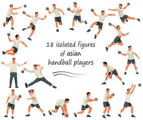 Set of 18 vector isolated figures of Chinese or Vietnamese handball players and keepers team jumping, running, standing in goal in white uniforms