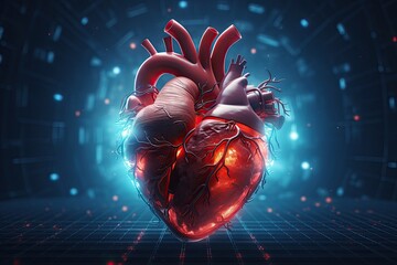 Human heart in digital background. 3d illustration. Elements of this image furnished by NASA, Human heart on blue background. 3d rendering, 3d illustration, AI Generated - Powered by Adobe