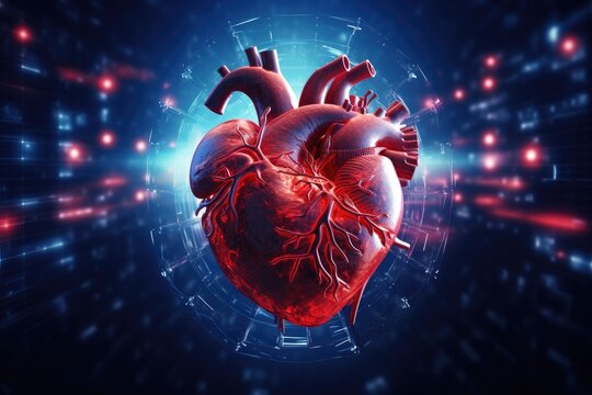 Digital illustration of  heart  in colour  background. 3d rendering, Human heart on blue background. 3d rendering, 3d illustration, AI Generated